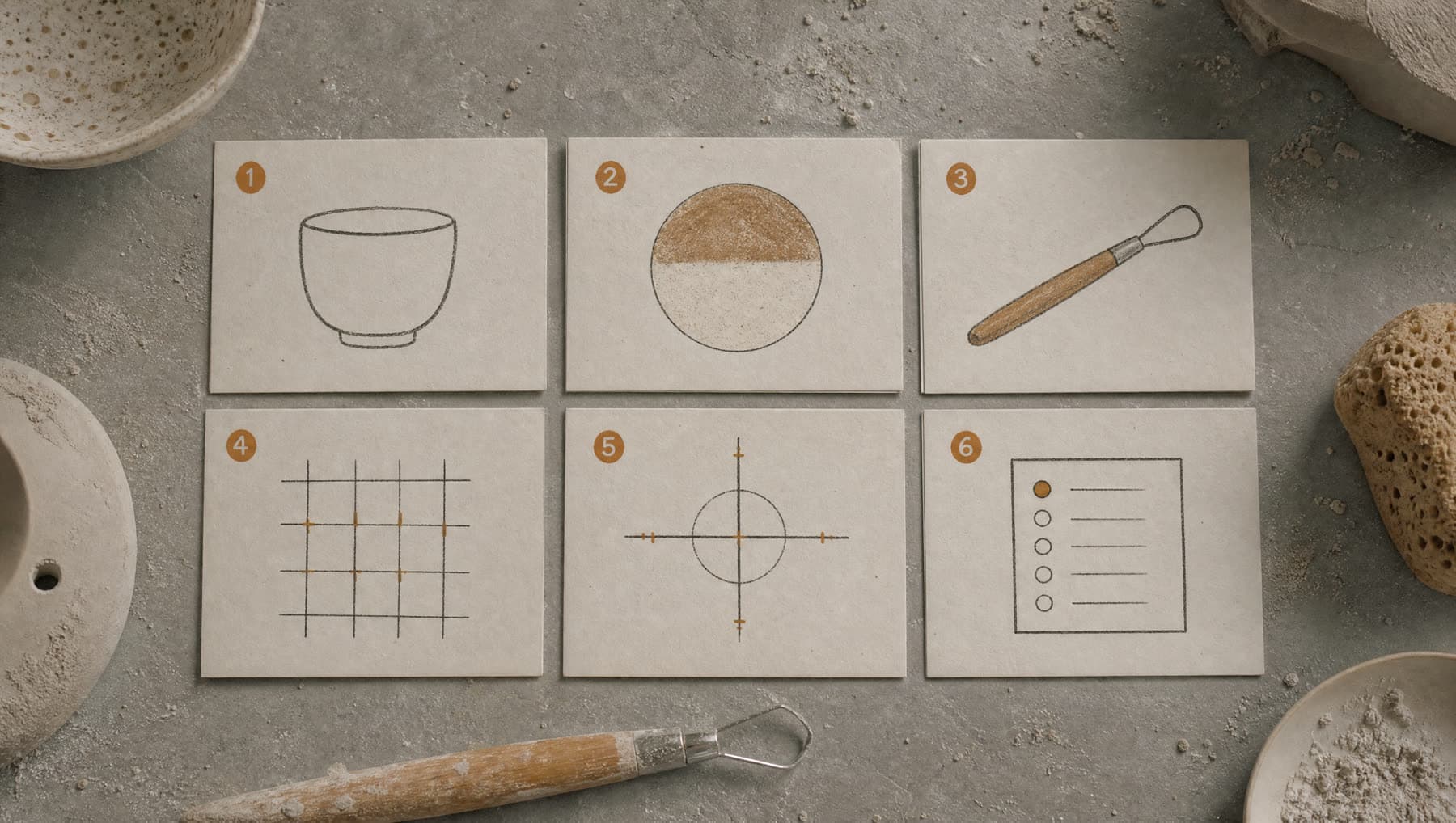 Six numbered index cards laid out on a workshop bench, each carrying a hand-drawn diagram of one configuration step