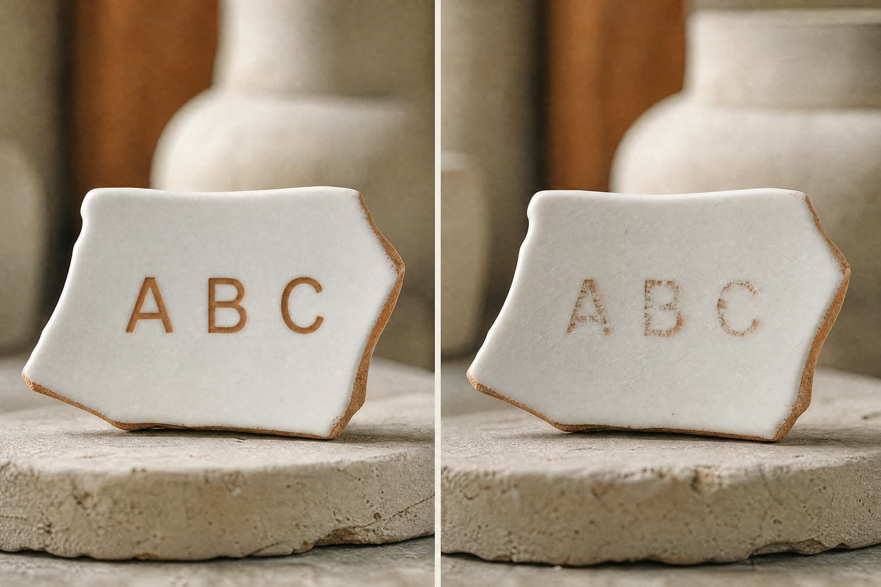 Two identical porcelain fragments carrying the same lettering side by side: the left crisp and new, the right visibly worn and faded after repeated washing